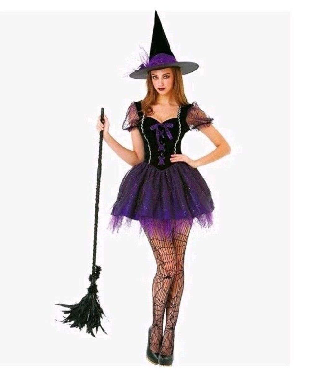 NEW Hauntlook Wicked Witch Halloween Costume Mini Dress Hat Black Purple Size S
